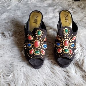 Black Stone embellished peep toe backless 5"heel.